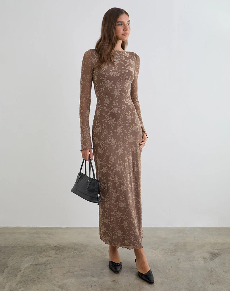 Robe longue Shaleed à motif feuillu floqué taupe foncé