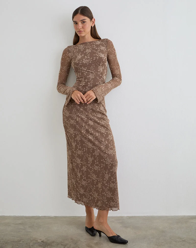 Robe longue Shaleed à motif feuillu floqué taupe foncé
