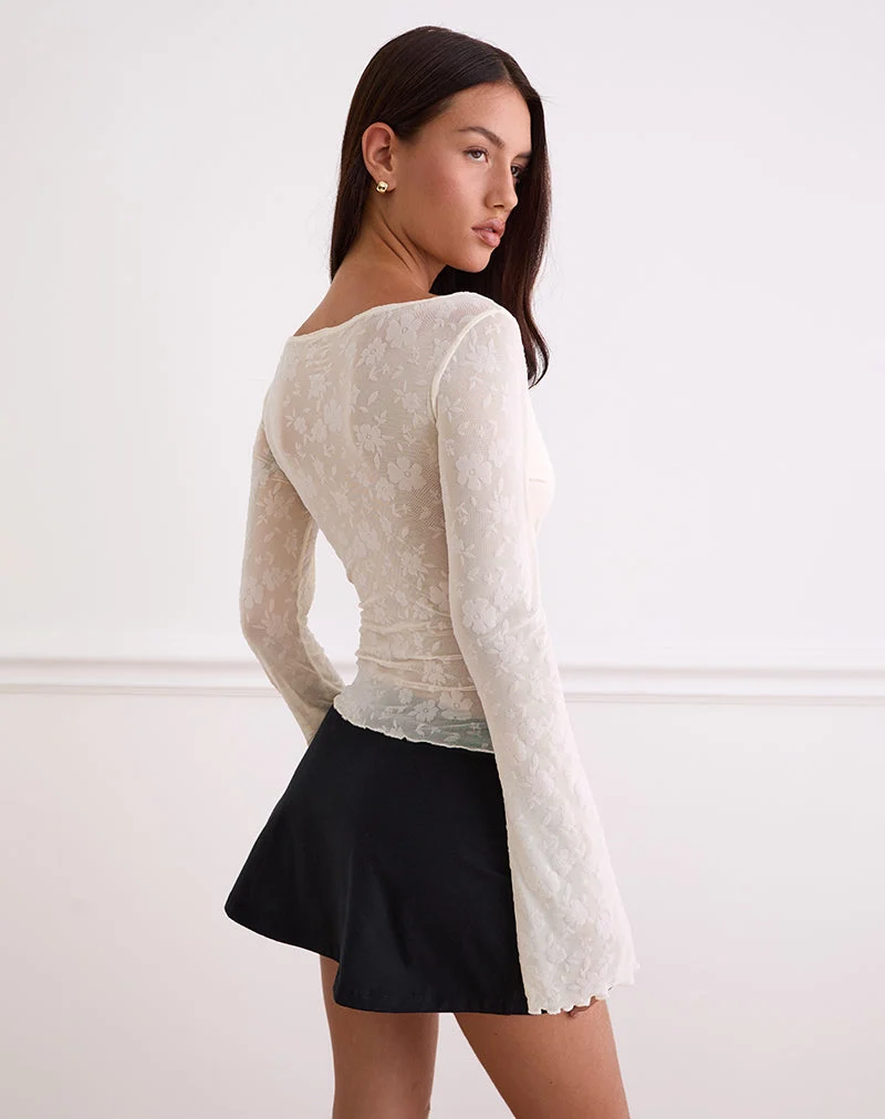 Aqsa Long Sleeve Top in Floral Flock Cream