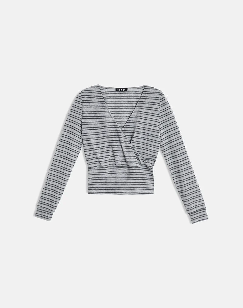 Haut Milzie à rayures horizontales en tricot gris et noir