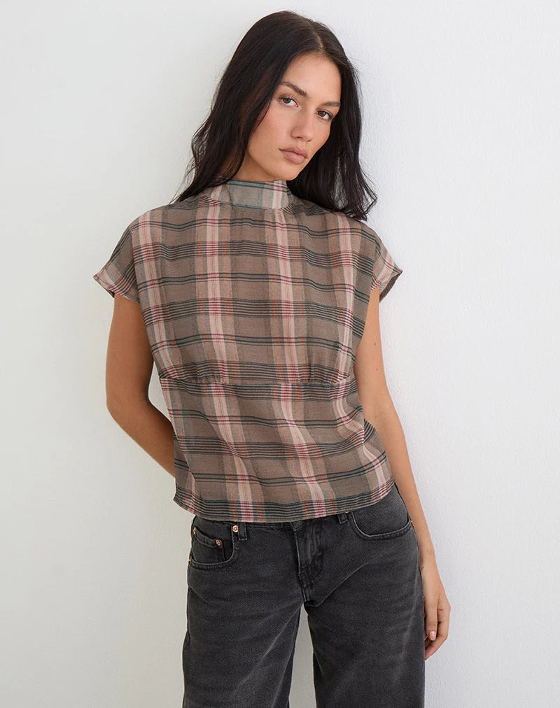 Sekala Top à carreaux flous marron et rose