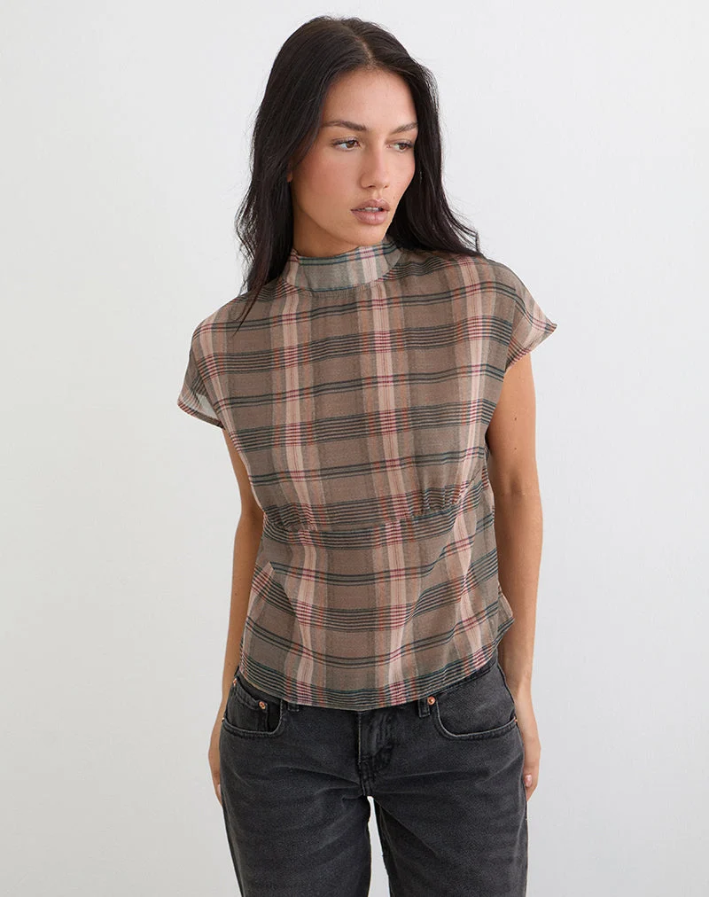 Sekala Top à carreaux flous marron et rose