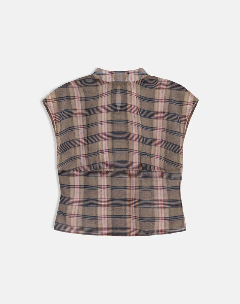 Sekala Top à carreaux flous marron et rose
