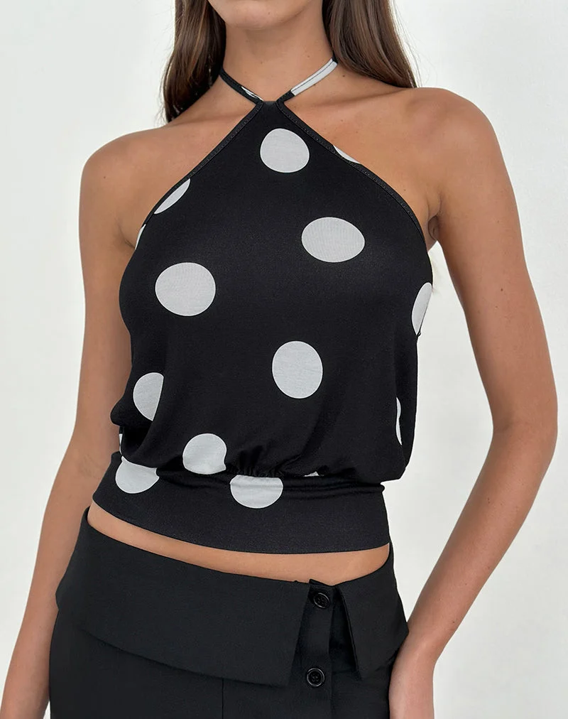 Haut dos nu Saerin noir monochrome à pois blancs