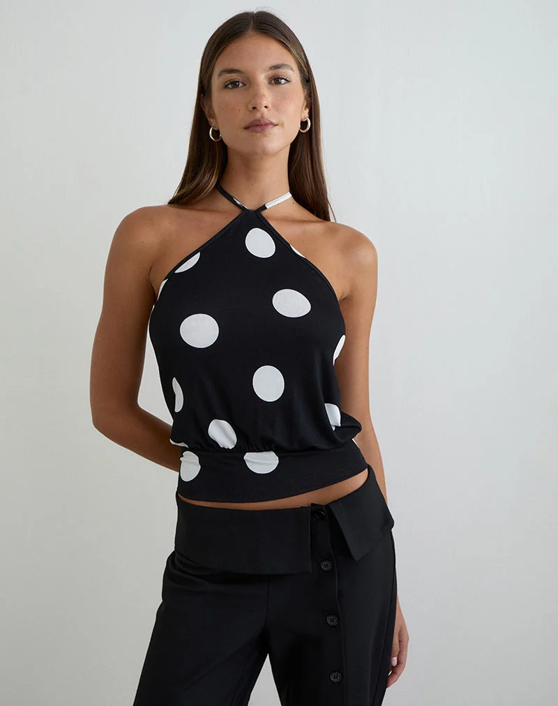 Haut dos nu Saerin noir monochrome à pois blancs