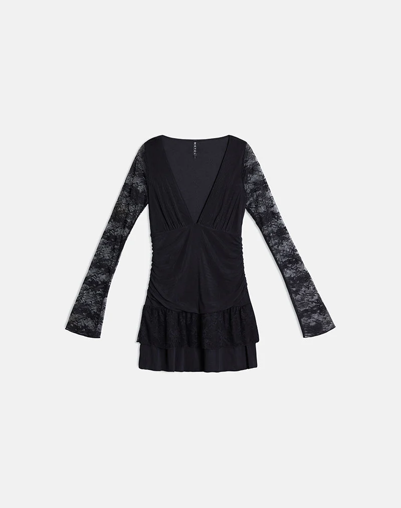 Mini-robe à manches longues et décolleté plongeant Mishal en dentelle noire