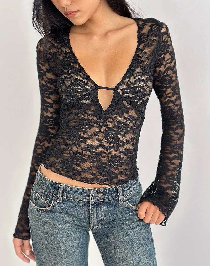 Haut à manches longues et décolleté plongeant Mahota en dentelle noire