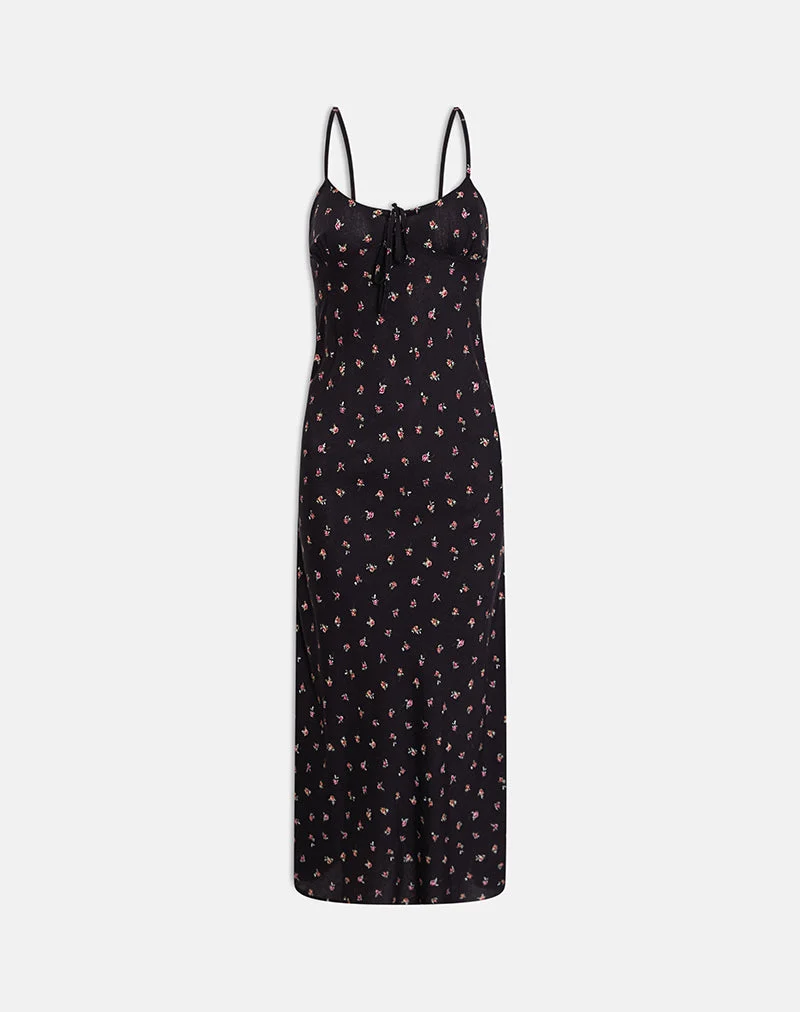 Robe longue Posine noire à petits motifs de roses rouges