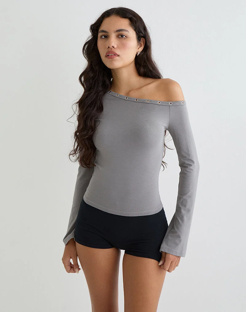 Top asymétrique Noraba en gris avec œillets