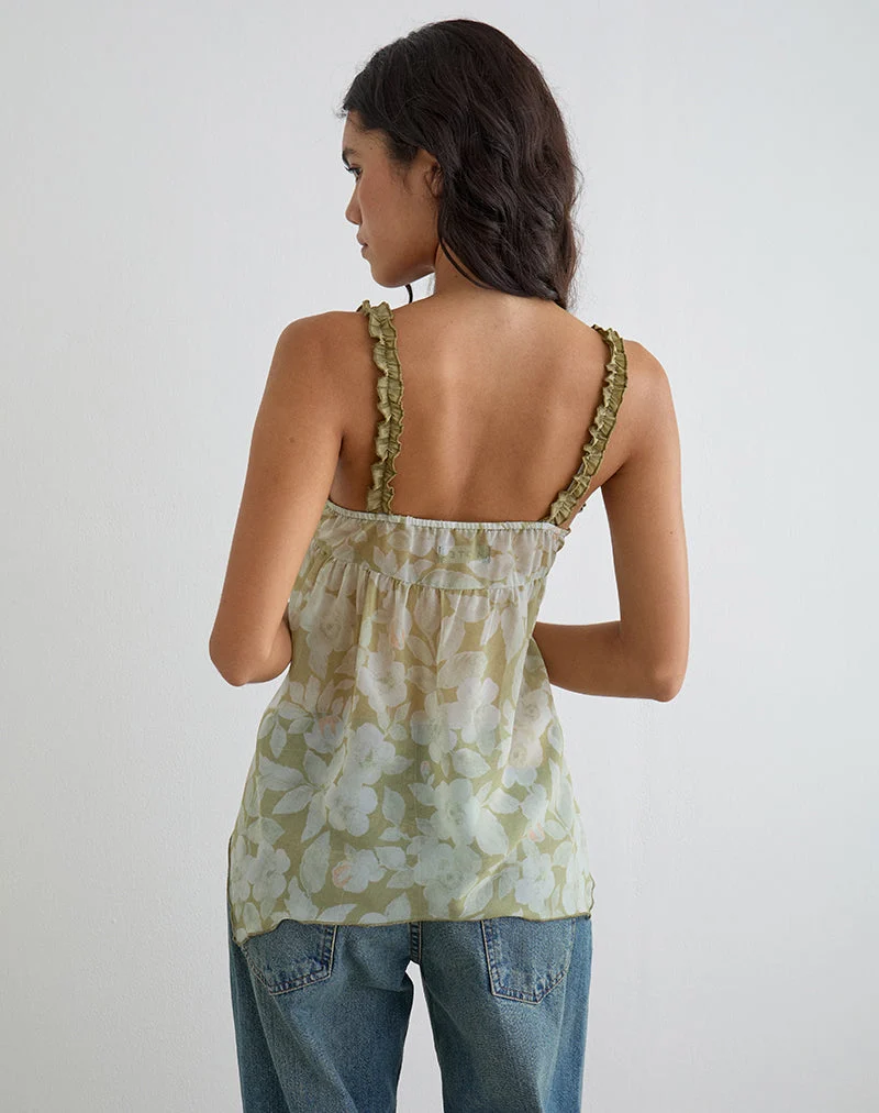 Haut sans manches Sylva à ourlet asymétrique, vert pâle à fleurs
