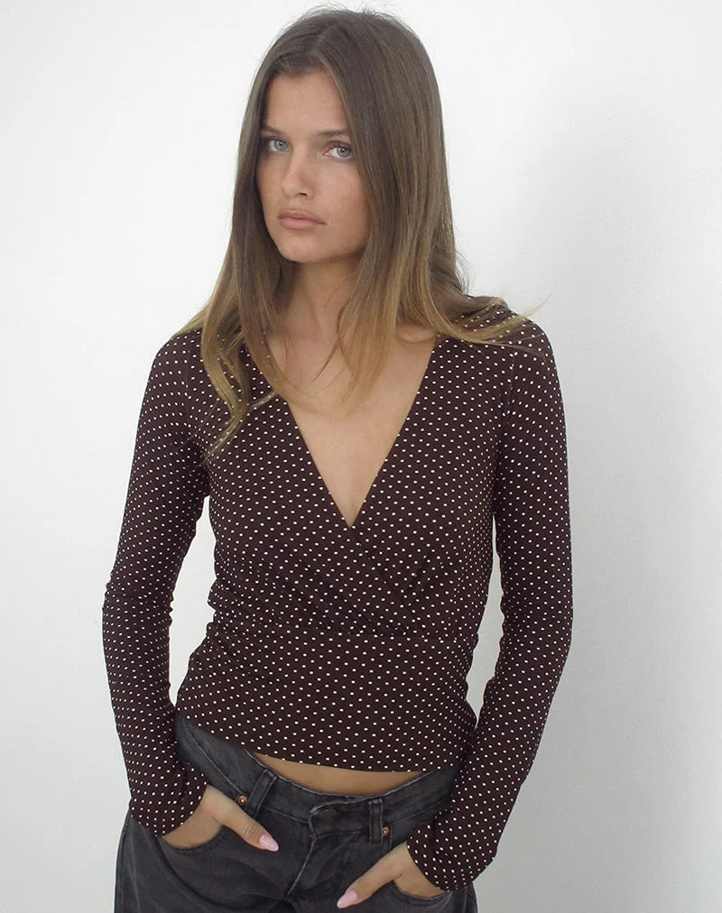 Haut à manches longues Sheon en jersey de rayonne marron à micro-motifs de pois