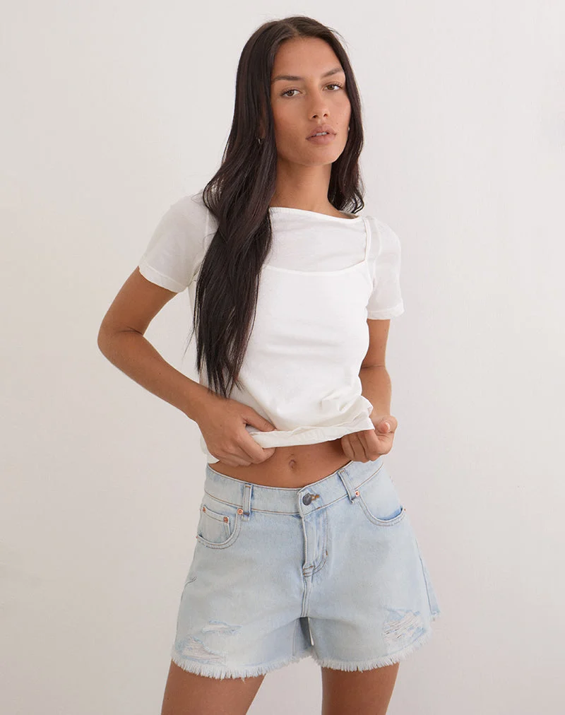 Short en jean ample déchiré, bleu glacé