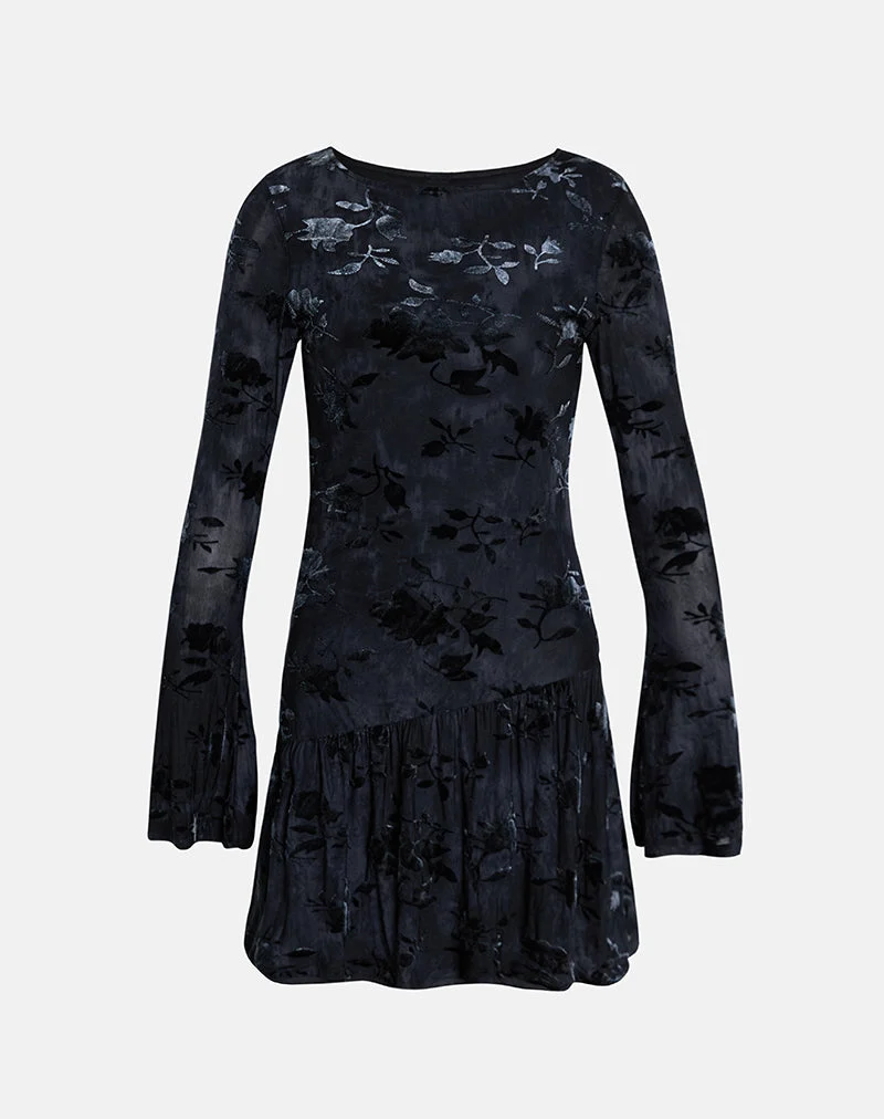Anyeli Mini Robe en velours feuille Bleu foncé