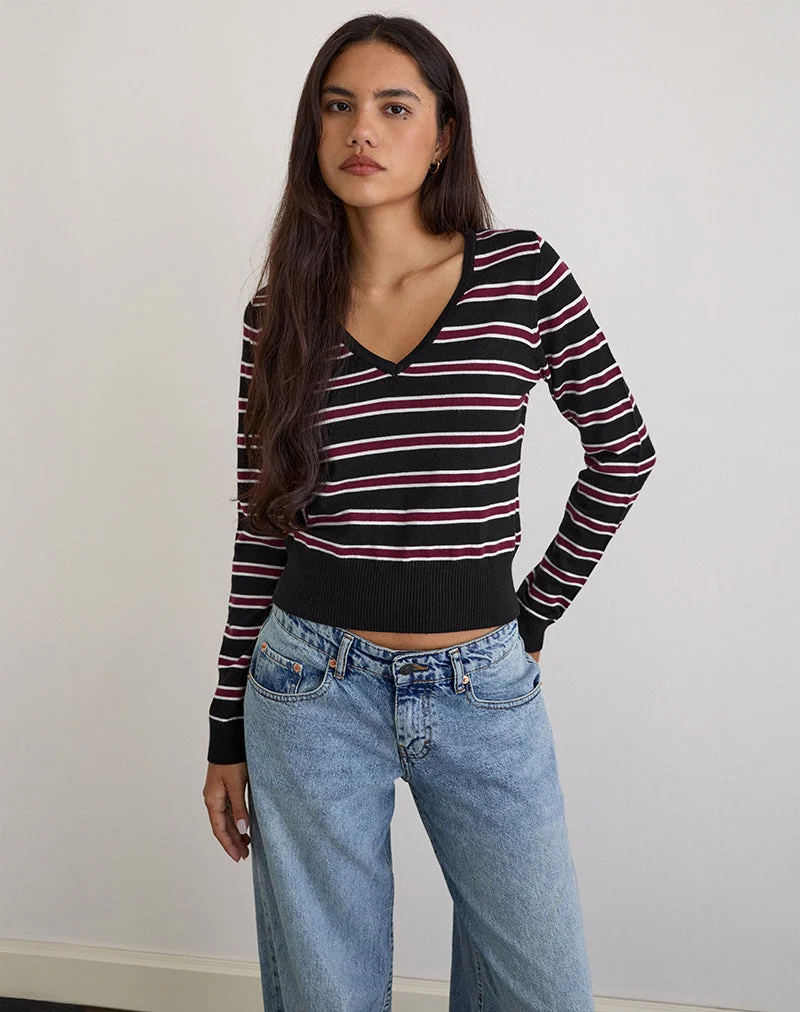 Pull Yasra en tricot à rayures noir et bourgogne