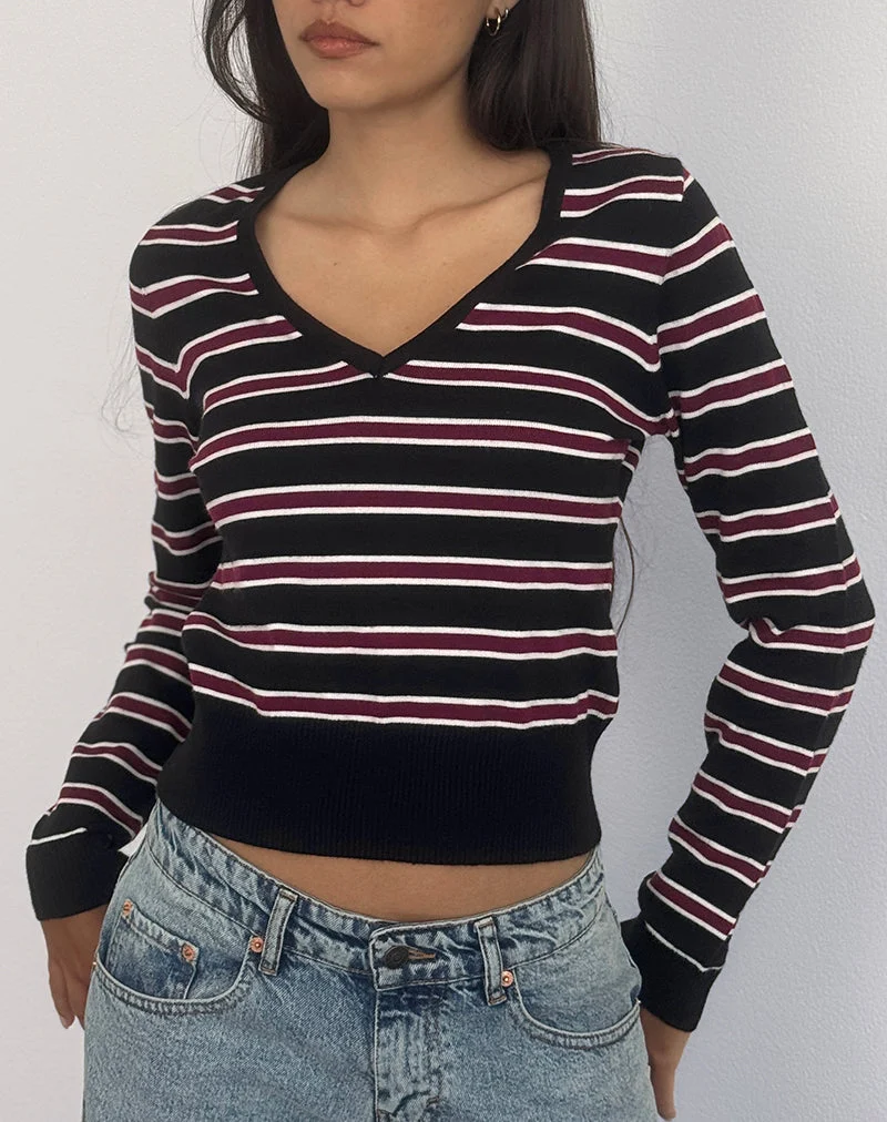 Pull Yasra en tricot à rayures noir et bourgogne