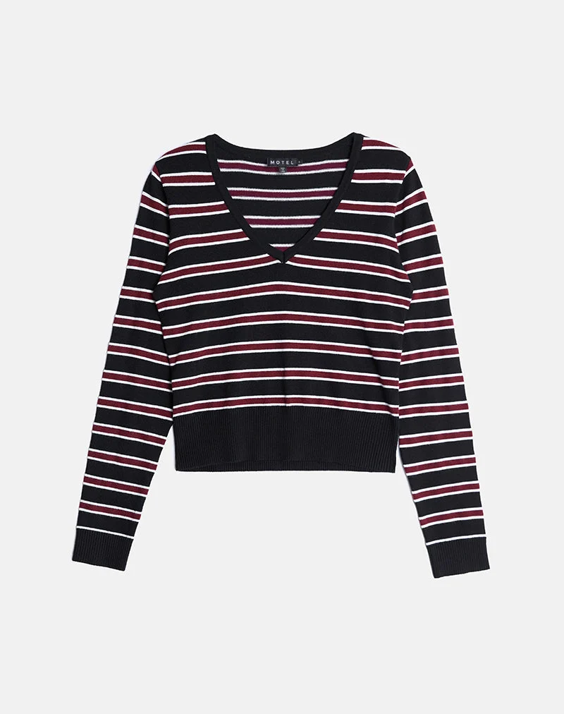 Pull Yasra en tricot à rayures noir et bourgogne