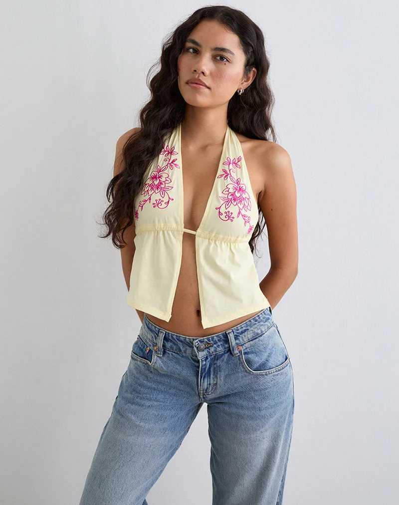 Kayria Tie Top in Lemon with Floral Pink Embroidery