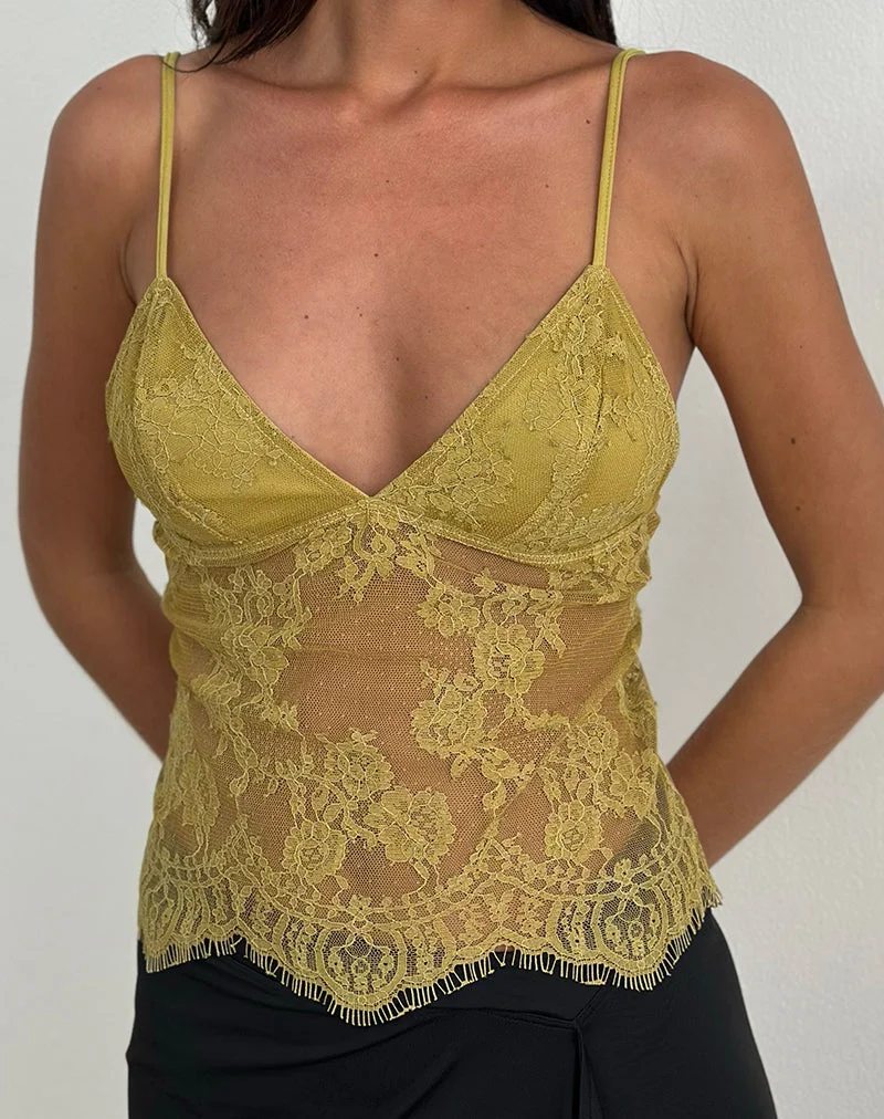 Top cami plongeant Kaika, dentelle Eyelash Chartreuse