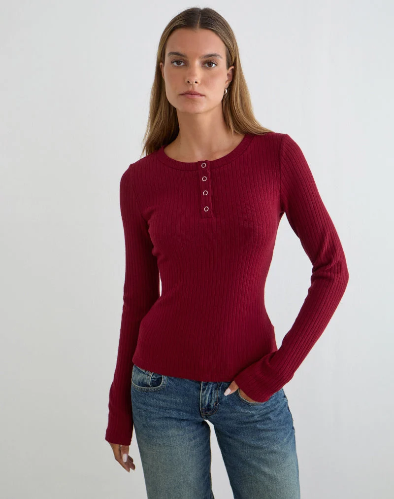 Haut à manches longues boutonné Zinta en tricot côtelé marron foncé