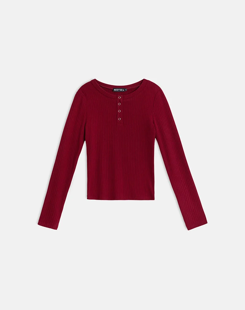 Haut à manches longues boutonné Zinta en tricot côtelé marron foncé