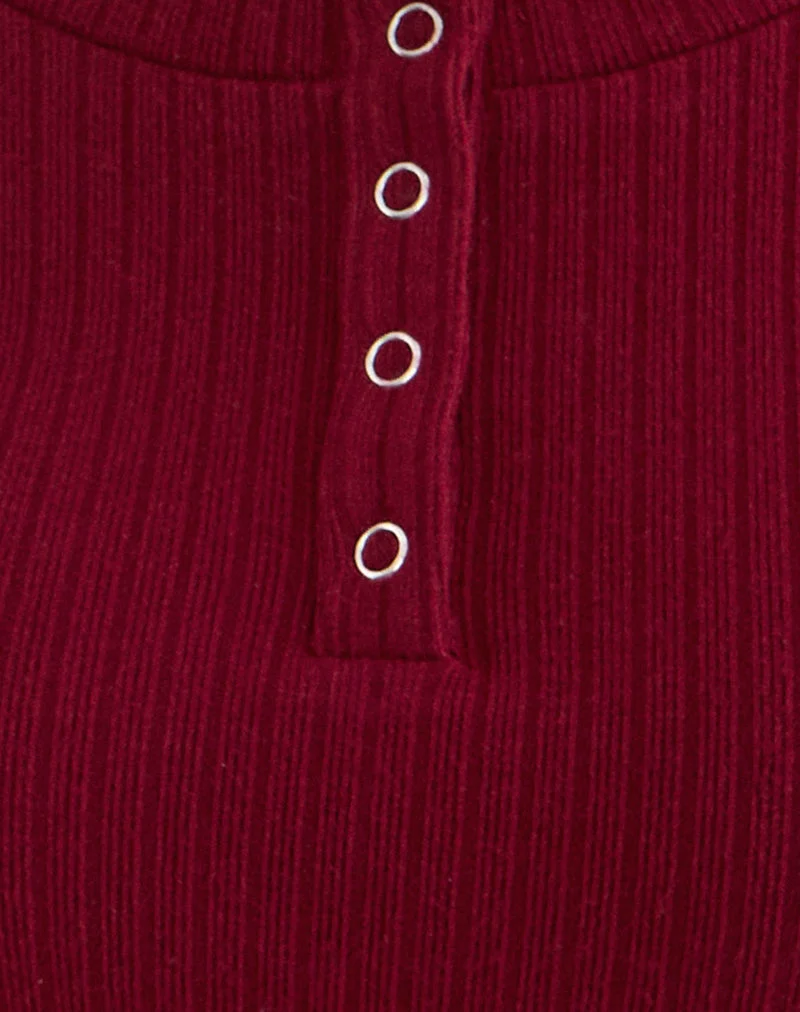 Haut à manches longues boutonné Zinta en tricot côtelé marron foncé