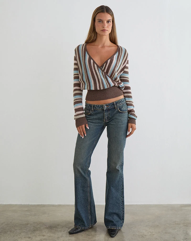 Haut cache-cœur Nilza en tricot rayé marron