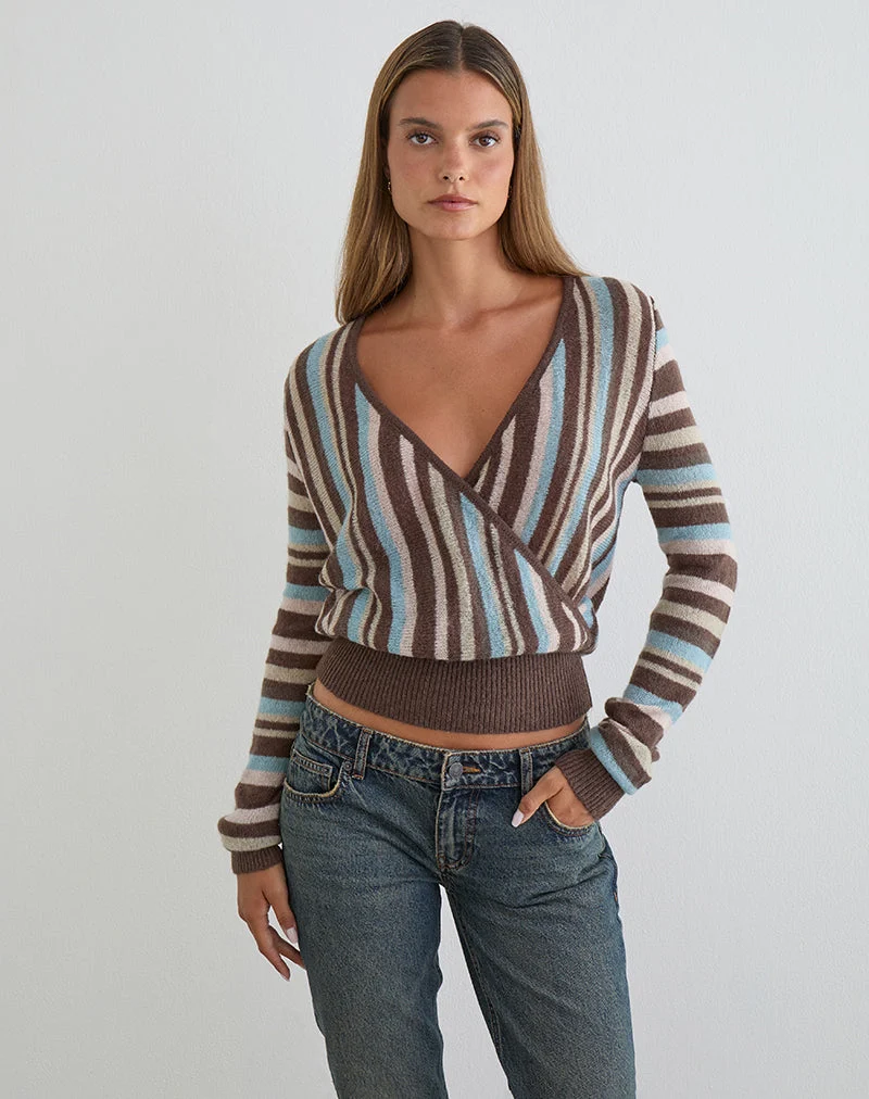 Haut cache-cœur Nilza en tricot rayé marron