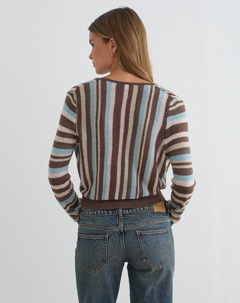 Haut cache-cœur Nilza en tricot rayé marron