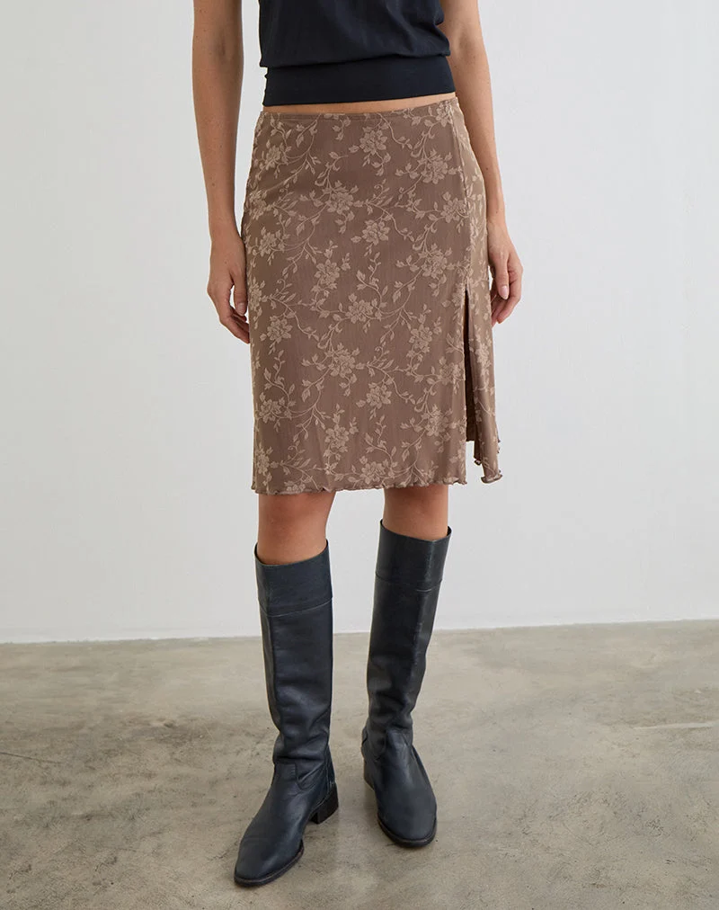Jupe midi Elif à motif feuillu floqué taupe foncé