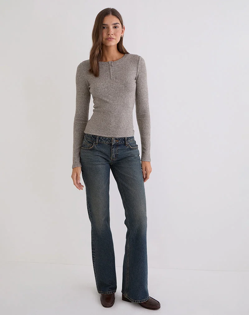 Haut à manches longues boutonné Zinta en tricot côtelé gris