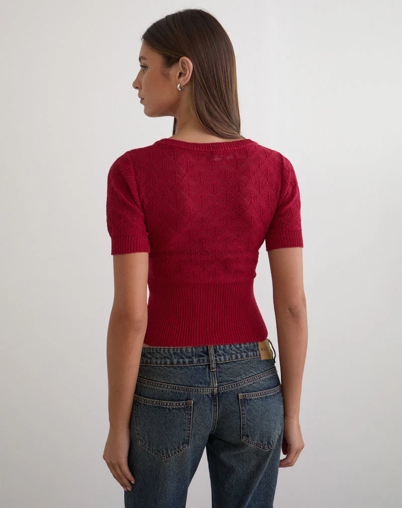 Haut Yura en maille pointelle rouge foncé