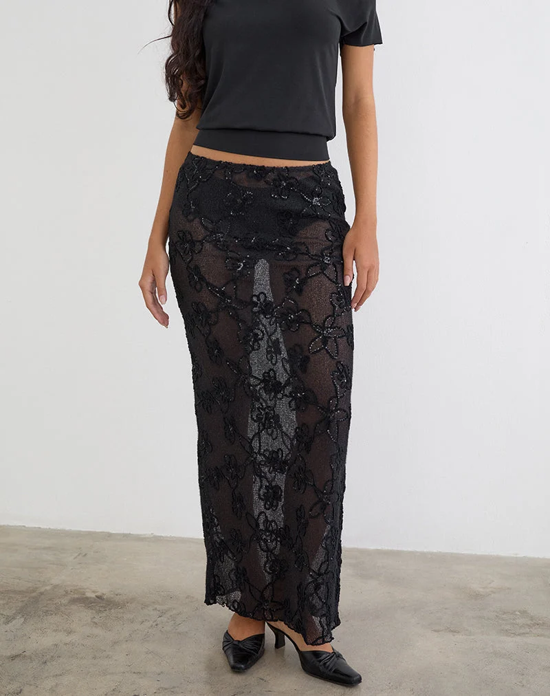 Jupe longue Alphia en maille à paillettes noire