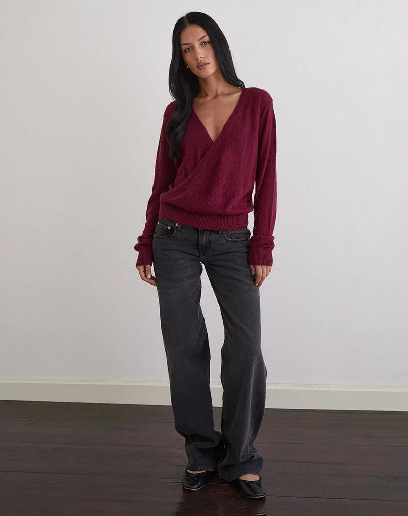Haut cache-cœur plongeant Saroya en tricot couleur vin