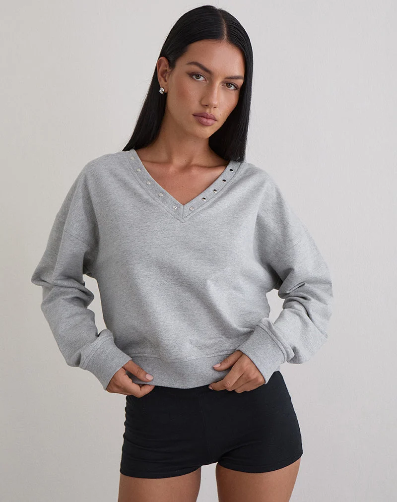 Sweat-shirt slim Lazuly gris chiné avec clous