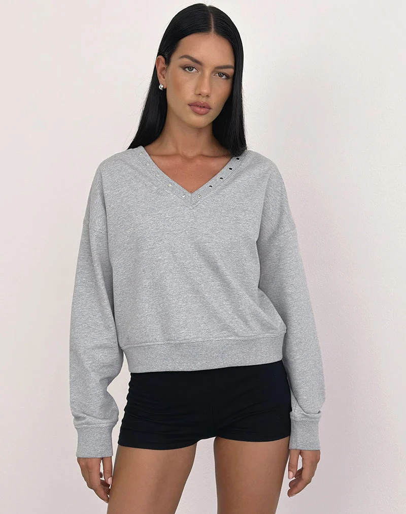 Sweat-shirt slim Lazuly gris chiné avec clous