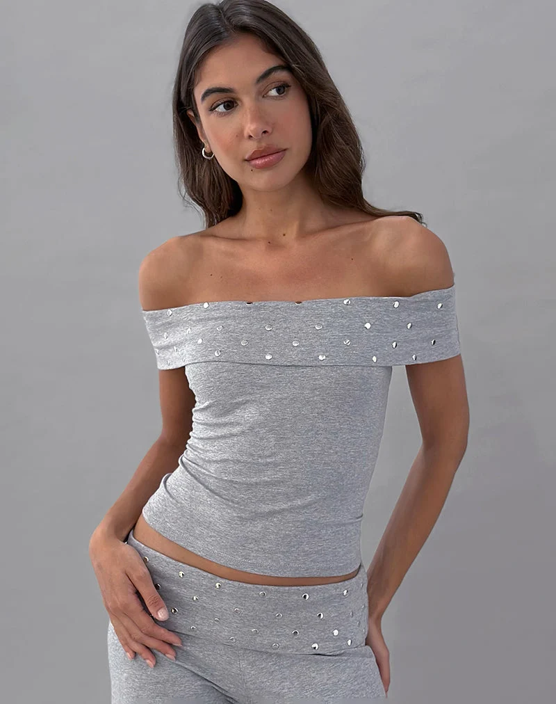 Eulala Bardot Top in Studded Grey Marl (Top bardot Eulala en gris marron clouté)