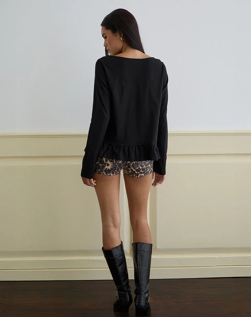 Vivala Boxy Long Sleeve Top in Black with Frill Hem