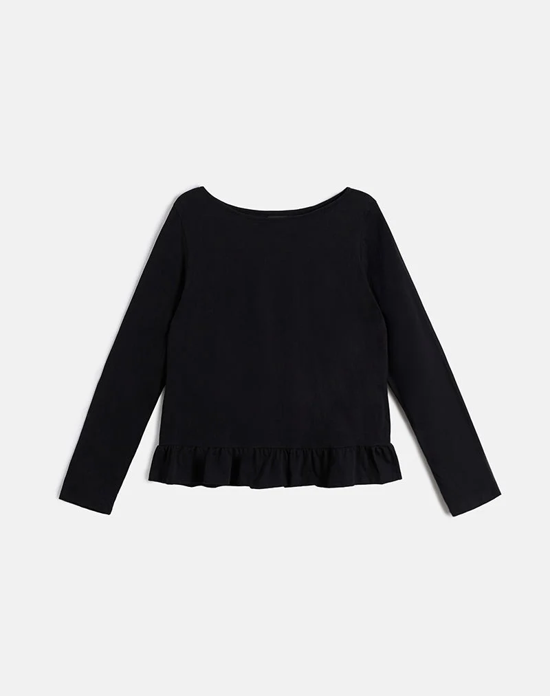Vivala Boxy Long Sleeve Top in Black with Frill Hem
