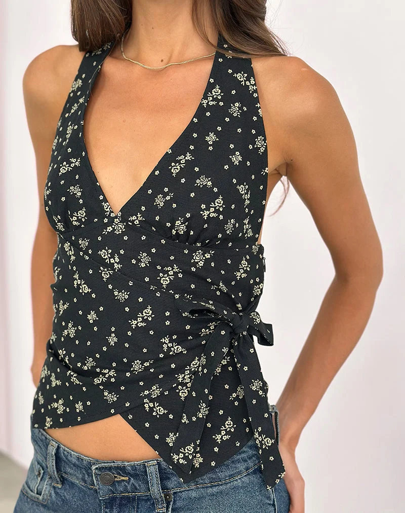 Yung Halterneck Wrap Top in Floral Land Black