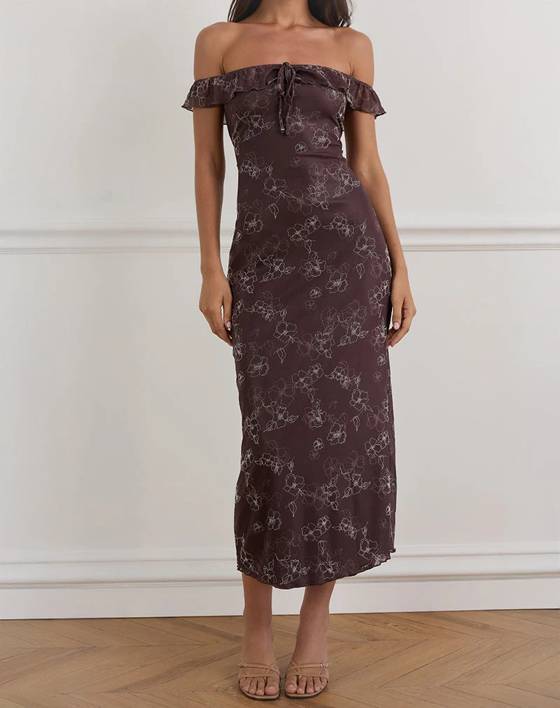 Robe midi Catrin en Doodle Flower Flock Brown