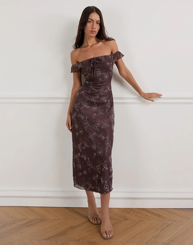 Robe midi Catrin en Doodle Flower Flock Brown