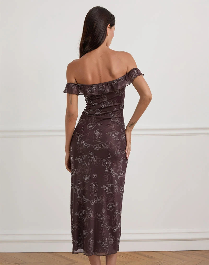 Robe midi Catrin en Doodle Flower Flock Brown