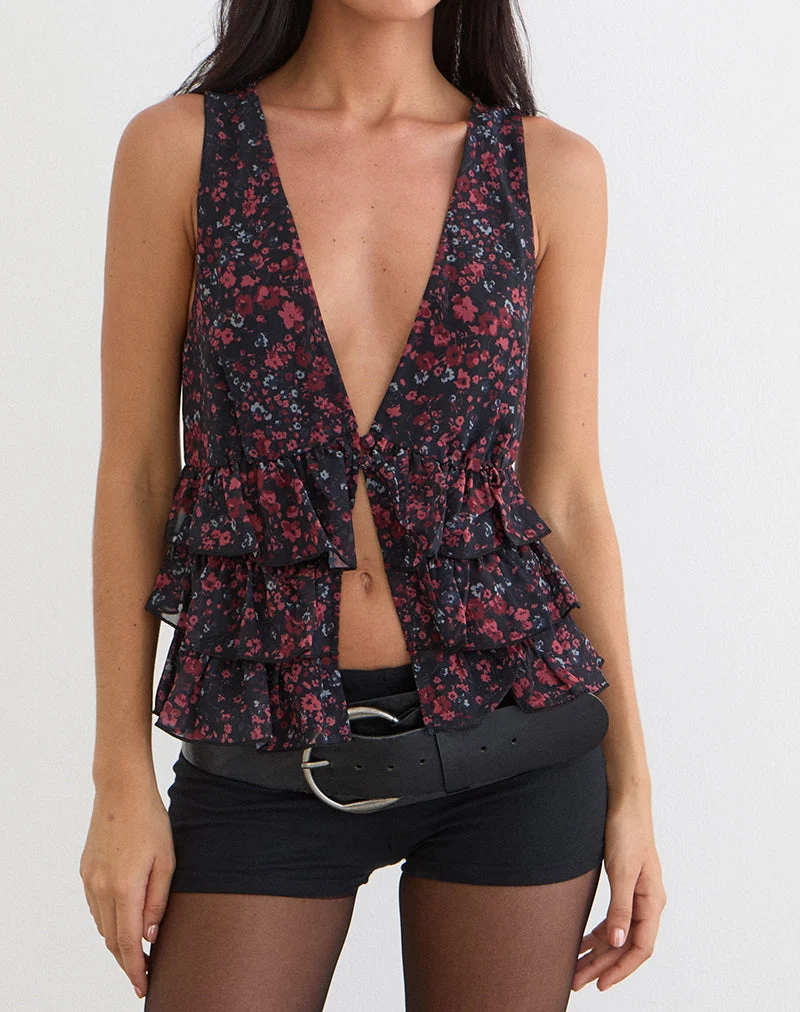 Débardeur Gendhis en mousseline à motif floral dispersé noir et rouge