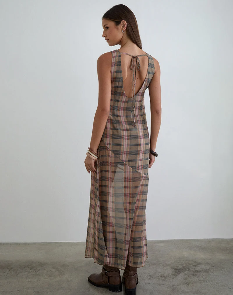 Robe longue Elska à carreaux flous marron et rose