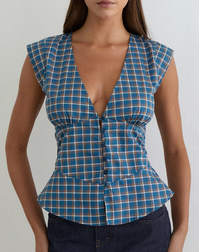 Blouse Devlon en tartan bleu moyen