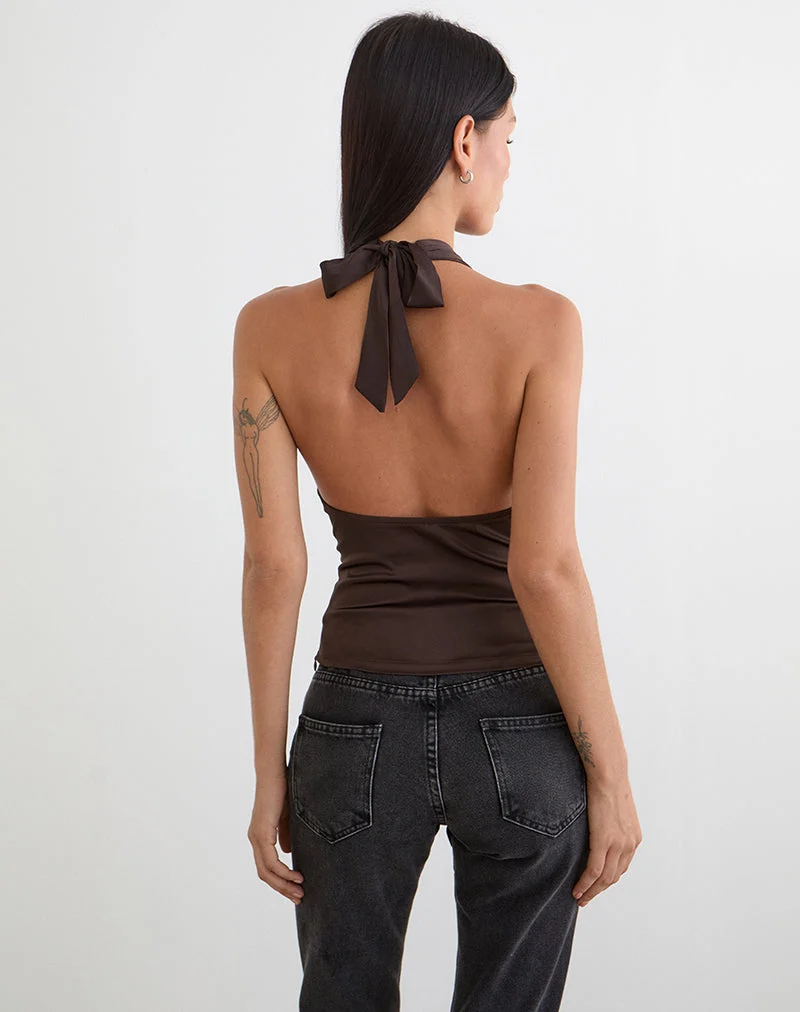 Haut Amuri à col en V en satin marron foncé