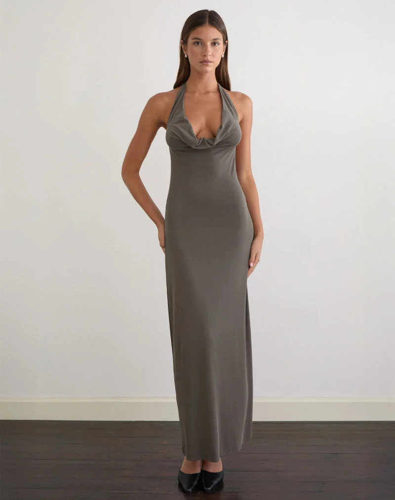 Robe longue Zarya en cupro gris kaki