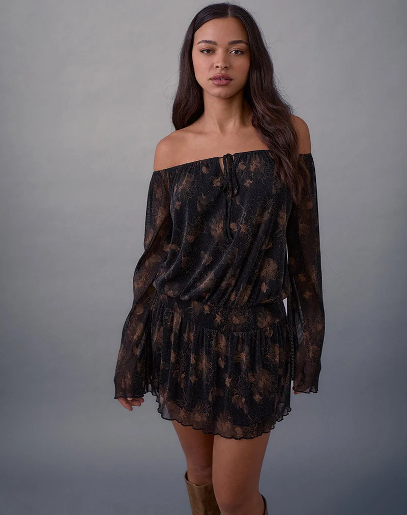 Mini-robe à manches longues Nisha, noire avec reflets bronze