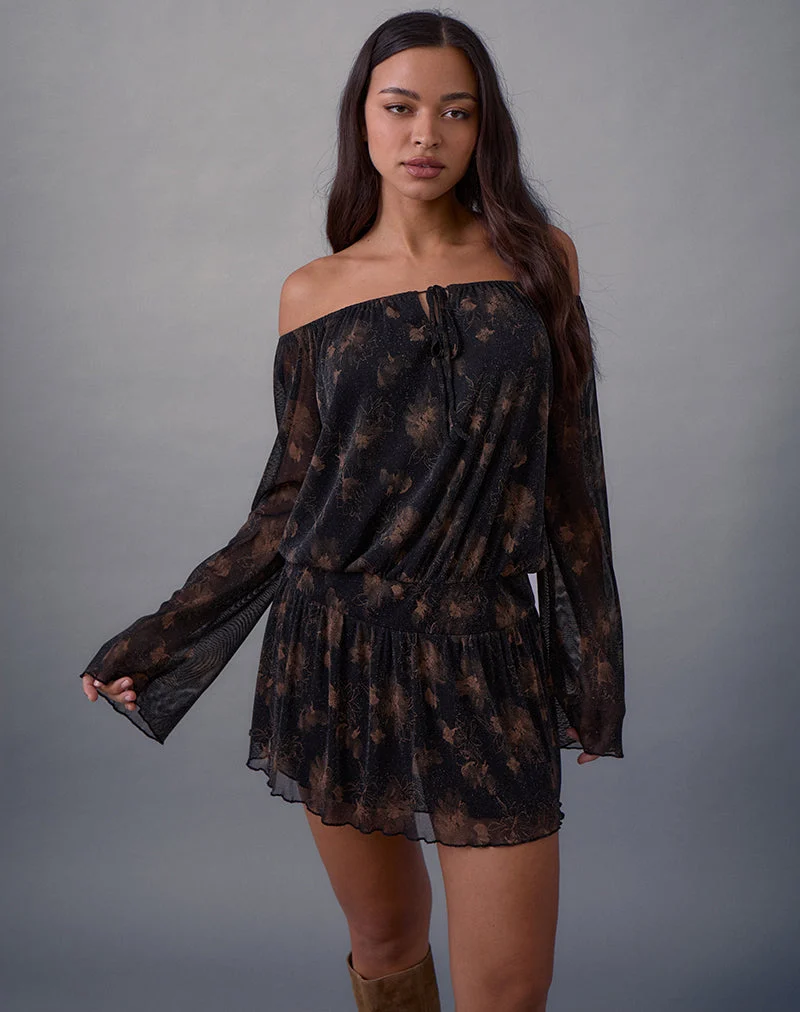 Mini-robe à manches longues Nisha, noire avec reflets bronze