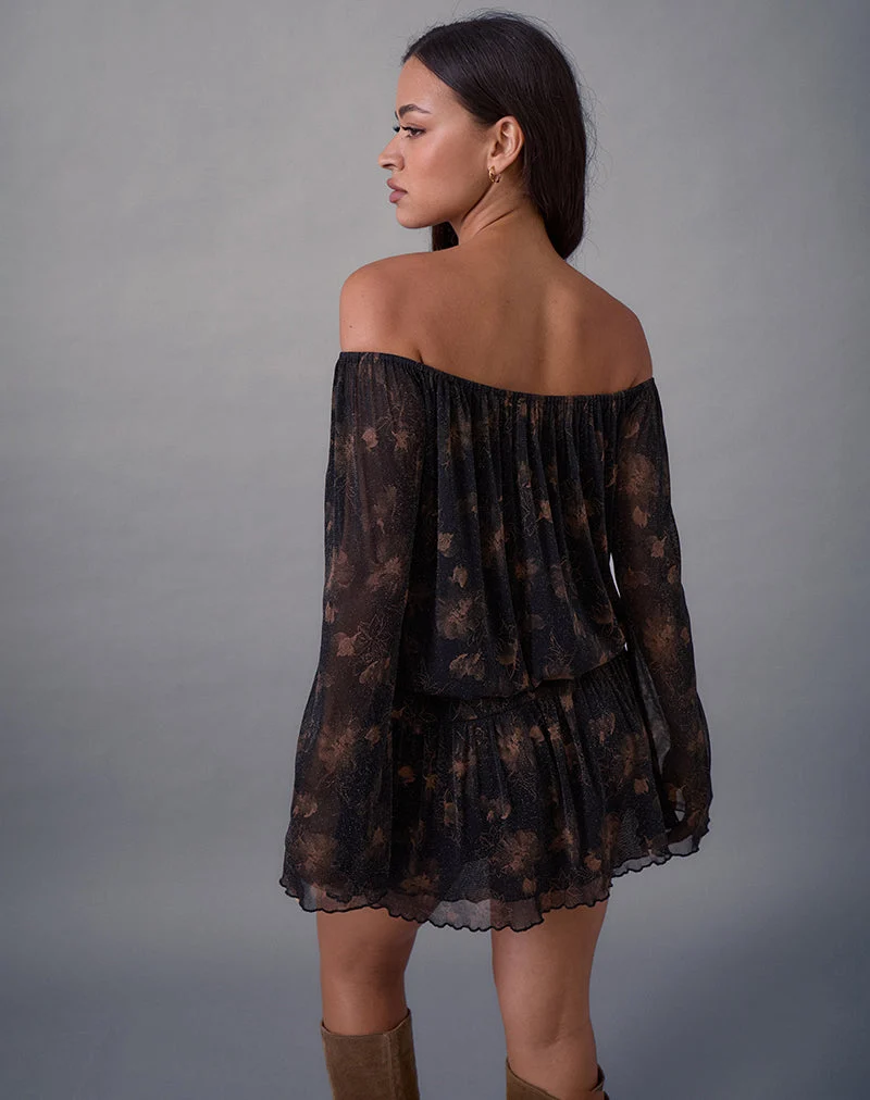 Mini-robe à manches longues Nisha, noire avec reflets bronze